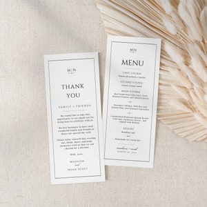 Menù di nozze classico e biglietto di ringraziamento, biglietto di ringraziamento sul tovagliolo, menù della cena stampabile, matrimonio monogramma, modello modificabile - EJ08