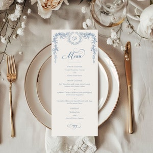 Menù matrimonio Dusty Blue, Menù floreale blu, Modello menù matrimonio Chinoiserie, Menù stampabile, Menù matrimonio monogramma - EJ33B