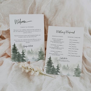 Welcome Letter & Timeline Template, Wedding Order of Events, Welcome Note and Itinerary, Welcome Bag Card, Rustic Wedding, Forest - EJ19