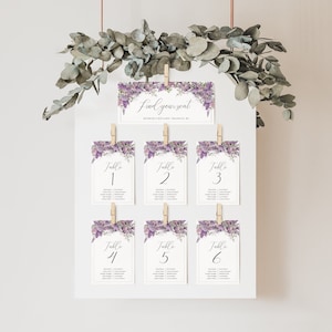 Bruiloft stoelenkaarten lila, bruiloft stoelenkaart kaarten 4 x 6 en 5 x 7, vind je stoel teken sjabloon, bewerkbare bloemen plattegrond - EJ04