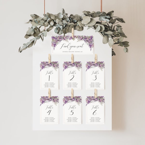 Wedding Seating Cards Lilac, Wedding Seating Chart Cards 4x6 & 5x7, Find Your Seat Sign Template, Editable Floral Seating Plan - EJ04