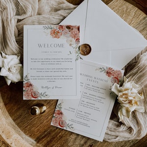 Carta de bienvenida y cronograma para bodas de otoño, carta de bienvenida e itinerario, plantilla imprimible y editable, inserto de bolsa de bienvenida, rosa ruborizado - EJ20