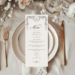 Plantilla de menú de boda con monograma, menú floral negro, plantilla de menú de boda chinoiserie, menú imprimible, menú de boda toile - EJ33C