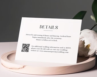 Pode incluir: Um cartão branco com texto preto que diz "DETAILS" e fornece informações sobre uma recepção de casamento. O cartão inclui um código QR para obter informações adicionais e o endereço do site www.anastasiajeremywedding.com.