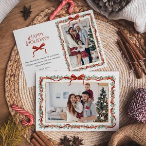 Tarjeta con foto con lazo y guirnalda navideña, plantilla de tarjeta navideña con foto horizontal, tarjeta navideña con foto imprimible, tarjeta navideña editable - EJ25