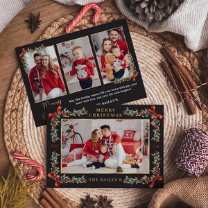 Kerstkaarten foto met strik, kerstkaart kerstkaart, kerstkaart rode strik, kerstkaartsjabloon met meerdere foto's - EJ25,