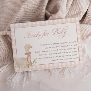 Babyshowerboeken voor babykaart, Silly Goose babyshower uitnodiging invoegen, roze gingangboek verzoekkaart, Mother Goose babyshower - EJ50