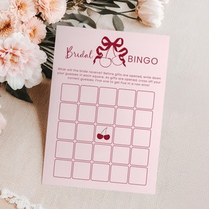 Plantilla de juego de bingo para novias en rosa y rojo, juego de despedida de soltera con cerezas, juego de despedida de soltera con cerezas, bingo para regalos de novia, bingo imprimible - EJ44