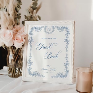 Letrero para libro de visitas en azul polvoriento, plantilla para firmar nuestro libro de visitas, letrero para libro de visitas de boda en chinoiserie, letrero para boda en toile azul - EJ33B