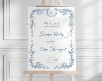 Letrero de bienvenida para bodas azul empolvado, letrero de bienvenida para bodas estilo chinoiserie, plantilla imprimible de letrero de bienvenida para bodas estilo toile francés azul, azul - EJ33B