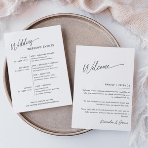 Modelo de boas-vindas e itinerário de casamento moderno, carta de boas-vindas e cronograma, minimalista, para impressão, cartão de eventos de casamento editável - EJ09