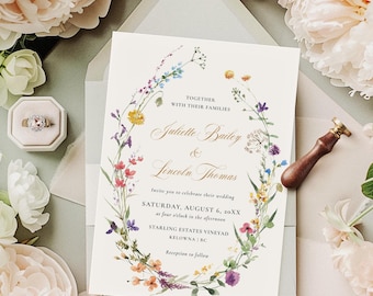 Wildflower Wedding Invitation Template, Garden Flowers Wedding Invite, Floral Wreath Invitation Wedding, Colorful Summer Floral - EJ15