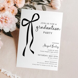 Graduation Party Invitation Black Bow, Senior Grad Party Invite Template, Coquette Black Bow Invitation, Editable Modern Bow Invite - EJ40