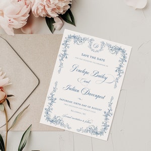 Chinoiserie Save the Date, staubblaue Hochzeit Save the Date Vorlage, Vintage botanische Hochzeitsansage, blaues Monogramm - EJ33B