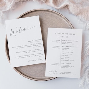 Modèle de lettre de bienvenue et de chronologie de mariage, événements de week-end de mariage minimalistes, itinéraire de mariage, ordre imprimable et modifiable des événements EJ03
