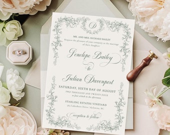 Modèle de faire-part de mariage chinoiseries vert sauge, faire-part de mariage toile verte, invitation florale vintage imprimable, mariage monogramme - EJ33S