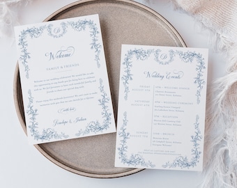 Plantilla de carta de bienvenida y cronograma de eventos para bodas, tarjeta de itinerario de bienvenida de boda en toile azul, nota para bolsa de bienvenida en toile francés - EJ33B