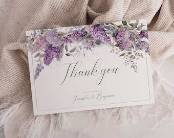 Lilac Wedding Thank You Card Template, Lilac Bridal Shower Thank You, Printable Thank You Card, Editable, Purple Floral Thank You - EJ04