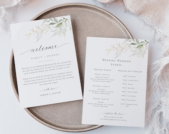 Welcome Itinerary Card for Wedding, Greenery and Gold Wedding Events Card Template, Weekend Timeline, Wedding Welcome Bag Note, - EJ01