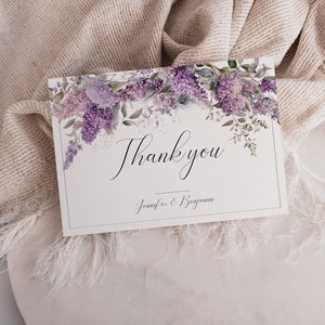 Modèle de carte de remerciement mariage lilas, lilas de remerciement pour la douche nuptiale, carte de remerciement imprimable, modifiable, floral violet Merci - EJ04