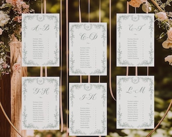 Alphabetical Seating Chart Cards, Sage Green Wedding Seating Chart Cards Template, Editable Chinoiserie Table Seating Cards - EJ33S