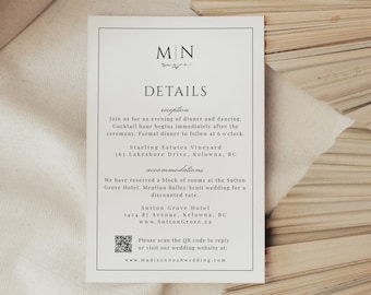 Classic Wedding Details Card, Details Card with QR Code, Wedding Insert, Details Card Template, Printable, Editable Enclosure Card - EJ08