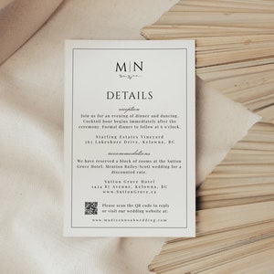 Cartão de detalhes de casamento clássico, cartão de detalhes com código QR, encarte de casamento, modelo de cartão de detalhes, cartão de anexo editável e imprimível - EJ08