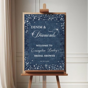 Panneau de bienvenue pour soirée Denim and Diamonds, Shower nuptiale Denim & Diamonds, soirée Blue Jeans and Bling, poster de bienvenue modifiable - EJ43