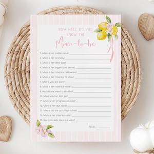 Who Knows Mom Best Baby Shower Game, Lemon Baby Shower Activity, Printable Ciao Baby Shower Game, Pink Lemon Baby Shower Game - EJ51