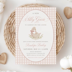 Silly Goose Baby Shower Invitation Pink Gingham, Mother Goose Baby Shower Invite,  Pink Baby Shower Invite Printable, Girl Shower - EJ50