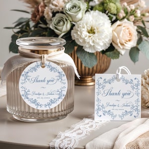 Dusty Blue Wedding Thank You Tag Template, Blue Toile Wedding Favor Tag, Chinoiserie Printable Gift Tag, Elegant Floral Favor Tag - EJ33B