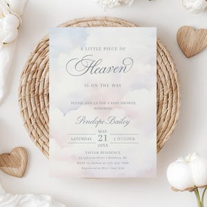 A Little Piece of Heaven Baby Shower Invitation, Heaven Sent Baby Shower Invite, Editable Cloud Theme Shower, Cloud Nine Shower - EJ49