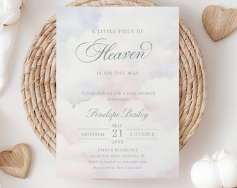 Invito per baby shower "Un piccolo pezzo di paradiso", Invito per baby shower "Inviato dal cielo", Baby shower a tema nuvole modificabile, Baby shower "Nuvola tra le nuvole" - EJ49