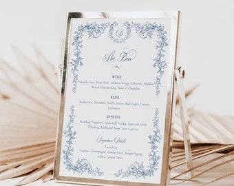 Menú de bar azul empolvado, plantilla de menú de bar para bodas con estampado toile azul, letrero de boda de estilo chinoiserie, elegante menú de bar con monograma azul, bebida de autor - EJ33B