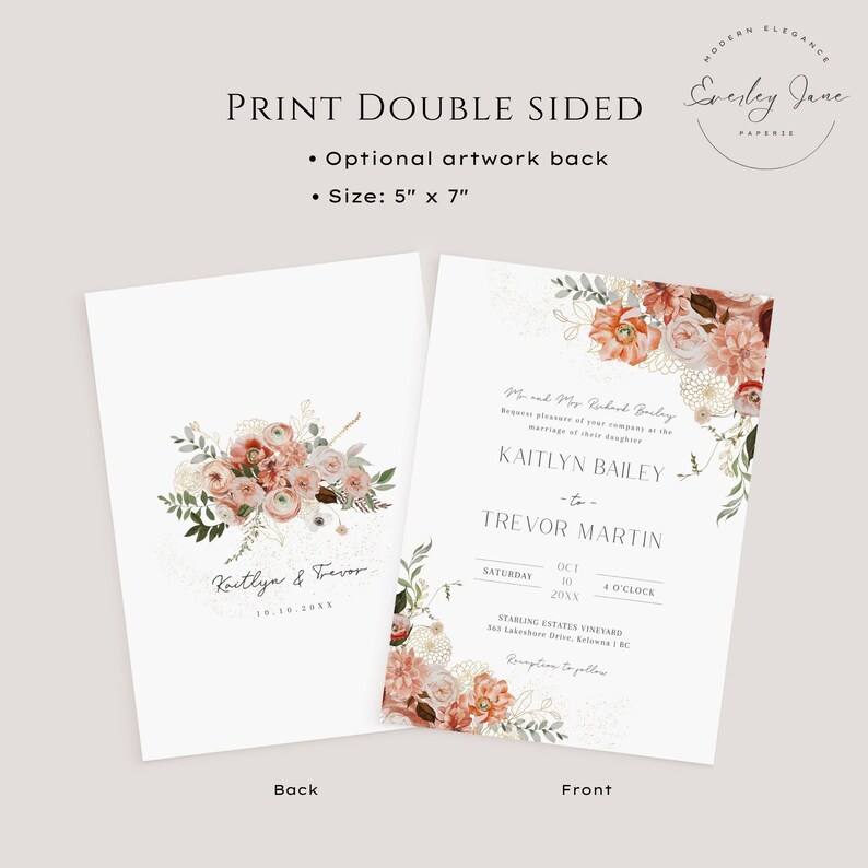 May include: Double-sided wedding invitation with a floral design. The front features a watercolour illustration of peach and white flowers with gold accents. The back features the couple's names and wedding date. The text reads "Kaitlyn Bailey and Trevor Martin, 10th October 20XX".
