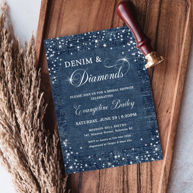 Denim and diamonds party invitation with a denim inspired background and diamond accents