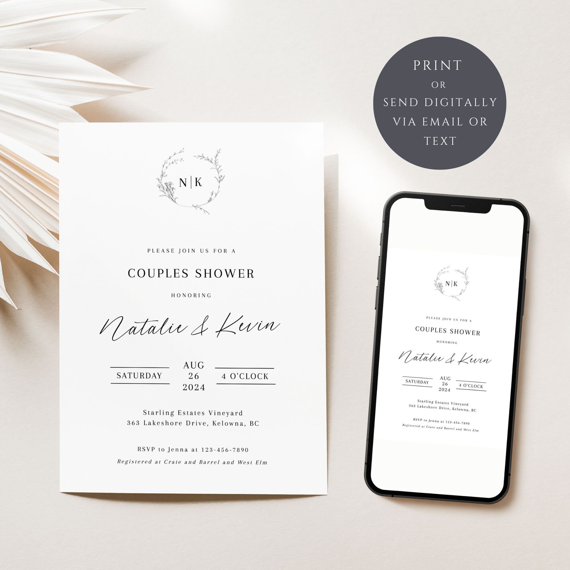 Couples Shower Invitation Template, Monogram Shower Invite, Minimalist ...
