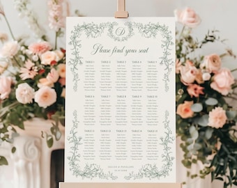 Wedding Seating Chart Chinoiserie, Sage Green Seating Chart Sign, Editable Green Toile Find Your Seat Sign, Floral Seat Chart - EJ33S