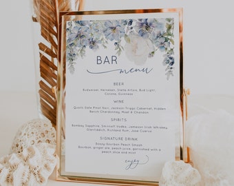 Dusty Blue Wedding Bar Menu, Blue Floral Bar Menu Sign Template, Wedding Drink Sign, Printable Bar Sign, Editable Drinks Menu - EJ18