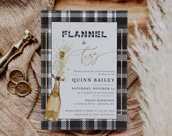Könnte beinhalten: Eine schwarz-weiße karierte Einladung mit goldener Schrift für eine Brautparty. Die Einladung lautet "Flannel & Fizz" und enthält den Namen der Braut, Quinn Bailey, das Datum und die Uhrzeit der Veranstaltung sowie den Ort. Die Einladung enthält auch eine Grafik einer Champagnerflasche mit einem goldenen Korken, der herausspringt.