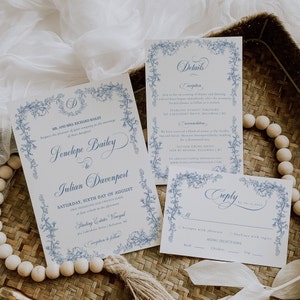 Blue Toile Wedding Invitation Suite, Blue Floral Wedding Invitation Suite Template, Chinoiserie Wedding Invitation, Botanical Monogram- EJ33