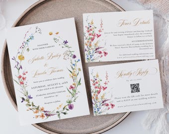 Wildflower Wedding Invitation Suite with QR Code, Wildflower Wedding Invitation Set, Floral Invitation Suite Template, QR Code RSVP - EJ15