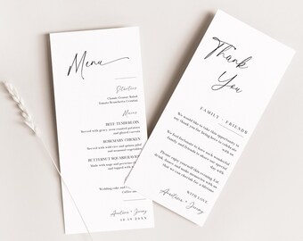 Minimalistische bruiloft dank u en menukaart, bruiloft menu dank u sjabloon, bruiloft servet opmerking, bewerkbare moderne couvert - EJ03
