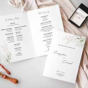 Catholic Church Wedding Program, Greenery Wedding Program Template, Catholic Wedding Ceremony Program, Folded Program, Green & Gold - EJ01