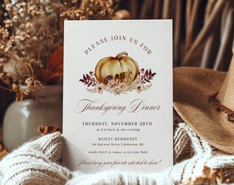 Pumpkin Thanksgiving Dinner Invitation Template, Editable Thanksgiving Invite, Printable Dinner Invite, Digital Thanksgiving Invite - EJ29