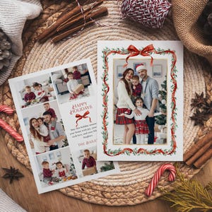 Kerstkaart met strik en slinger, kerstkaartsjabloon met meerdere foto's, kerstfotokaart afdrukbaar, kerstkaart rode strik - EJ25