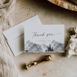 Carte de remerciement pour mariage rustique, carte de remerciement pliée, remerciement pour mariage en montagne, modèle imprimable, modifiable, carte de remerciement simple - EJ13