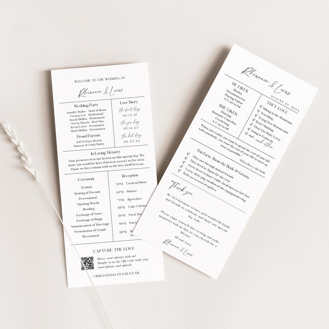 Program Pages Print Order Fun Fact Wedding Template, Fun Fact and Wedding Program, QR Code ...