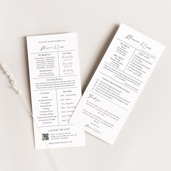 Fun Fact Wedding Template, Fun Fact and Wedding Program, QR code Wedding Photo Share Card, Printable Thank You, Editable Template - EJ07