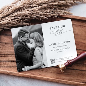 Save the Date with Photo and QR Code, Editable QR Code Save The Date Template, Minimalist Save The Date Printable, Photo Save The Date -EJ03